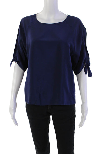 Amanda Uprichard Womns Silk Short Tie Sleeve Round Neck Blouse Blue Size S