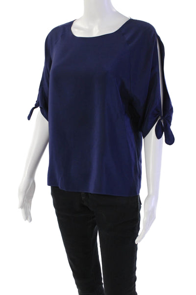 Amanda Uprichard Womns Silk Short Tie Sleeve Round Neck Blouse Blue Size S