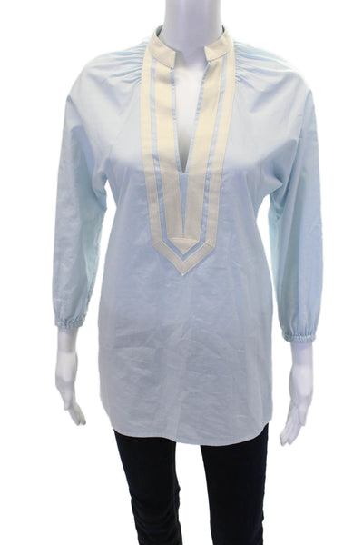 Tory Burch Womens Cotton Long Sleeve V-neck Casual Top Blue Size 2XS