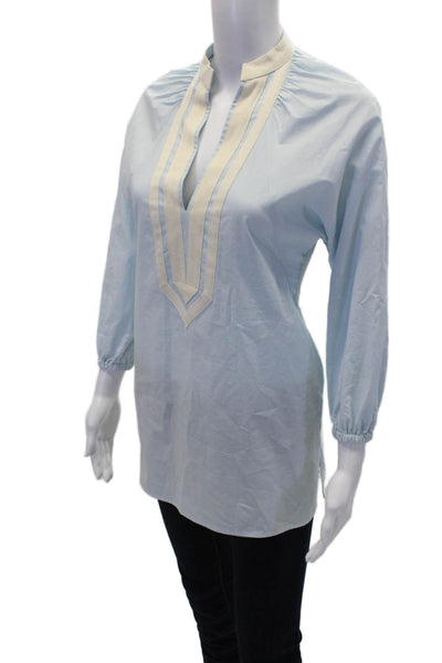 Tory Burch Womens Cotton Long Sleeve V-neck Casual Top Blue Size 2XS