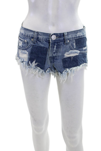 One by One Teaspoon Womens Cotton Distressed Patchwork Denim Shorts Blue Size 25