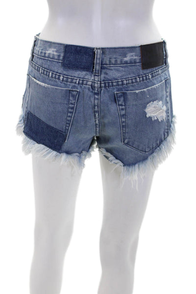 One by One Teaspoon Womens Cotton Distressed Patchwork Denim Shorts Blue Size 25