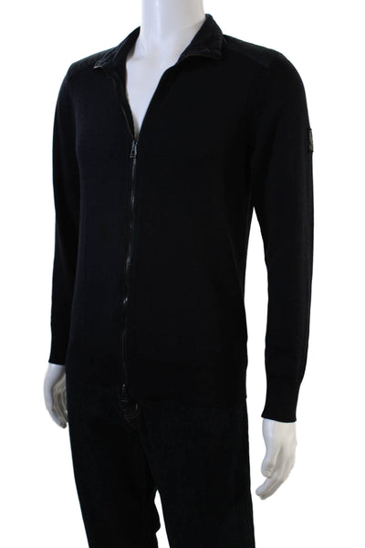 Belstaff Mens Full Zipper Turtleneck Sweater Dark Navy Blue Wool Size Medium
