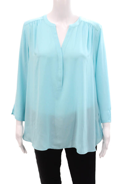 NYDJ Curves 360 Womens Half Button Down Blouse Ocean Drive Blue Size Large