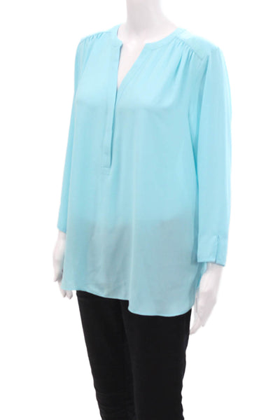 NYDJ Curves 360 Womens Half Button Down Blouse Ocean Drive Blue Size Large