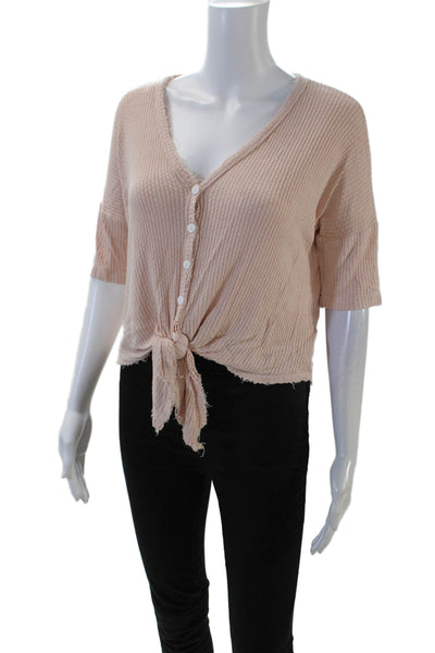 Fifteen Twenty Womens Short Sleeve Button Tie Front Knit Shirt Pink Size XS
