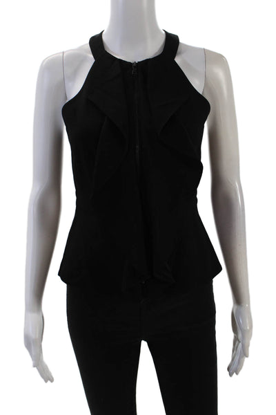 BCBGMAXAZRIA Womens Front Zip Crew Neck Ruffled Crepe Top Black Size Extra Small