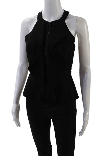 BCBGMAXAZRIA Womens Front Zip Crew Neck Ruffled Crepe Top Black Size Extra Small