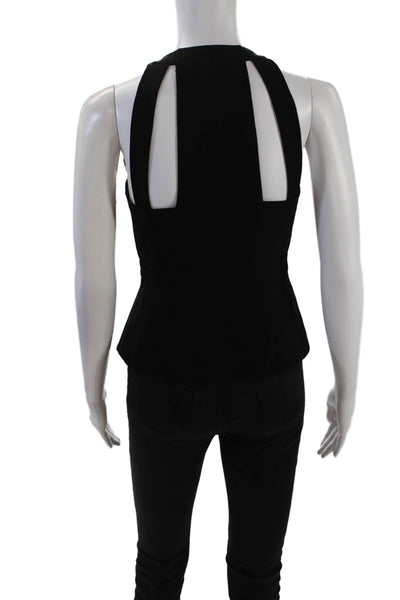 BCBGMAXAZRIA Womens Front Zip Crew Neck Ruffled Crepe Top Black Size Extra Small