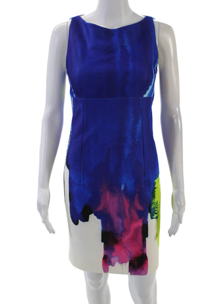 Milly Womens Back Zip Scoop Neck Abstract Mini Shift Dress Blue Multi Size 2