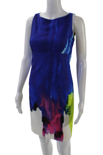 Milly Womens Back Zip Scoop Neck Abstract Mini Shift Dress Blue Multi Size 2