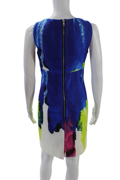 Milly Womens Back Zip Scoop Neck Abstract Mini Shift Dress Blue Multi Size 2