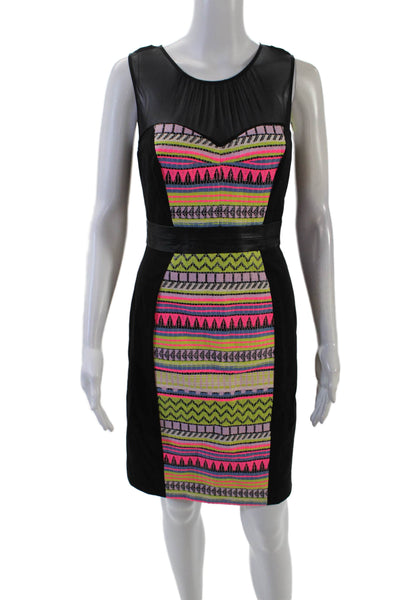Milly Womens Back Zip Mesh Trim Scoop Neck Embroidered Dress Black Multi Size 2