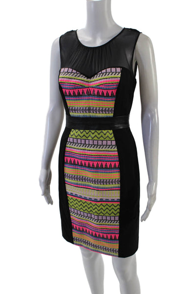 Milly Womens Back Zip Mesh Trim Scoop Neck Embroidered Dress Black Multi Size 2