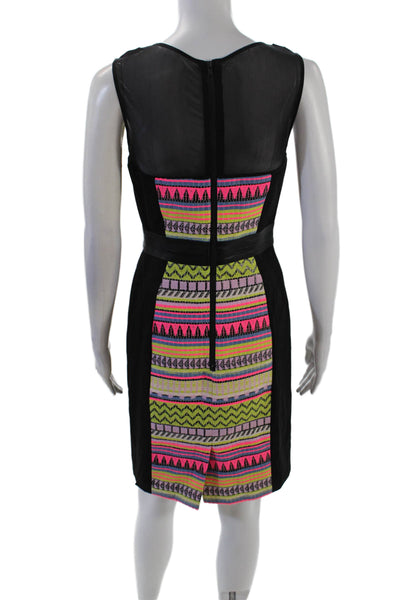 Milly Womens Back Zip Mesh Trim Scoop Neck Embroidered Dress Black Multi Size 2