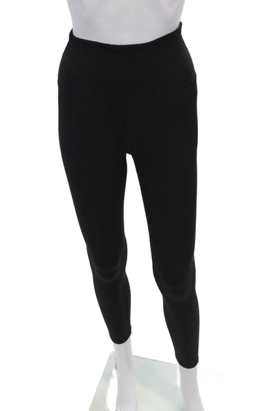Carbon38 Womens Ribbed Elastic High Waisted Ankle Leggings Black Size S