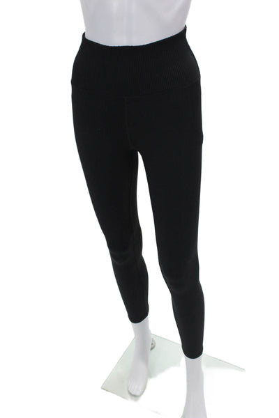 Carbon38 Womens Ribbed Elastic High Waisted Ankle Leggings Black Size S