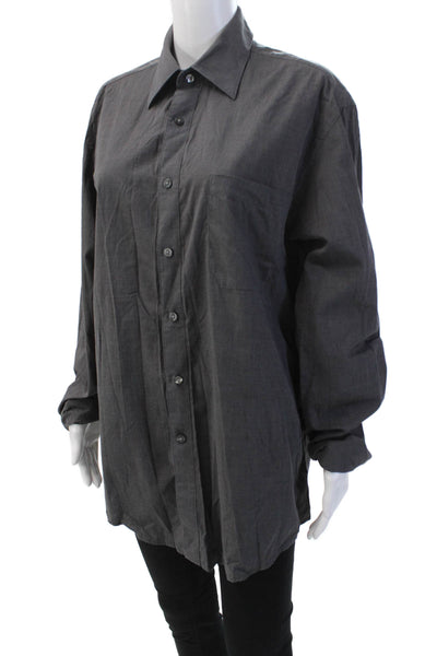 Donna Karan Womens Cotton Long Sleeve Button Up Casual Top Gray Size 16