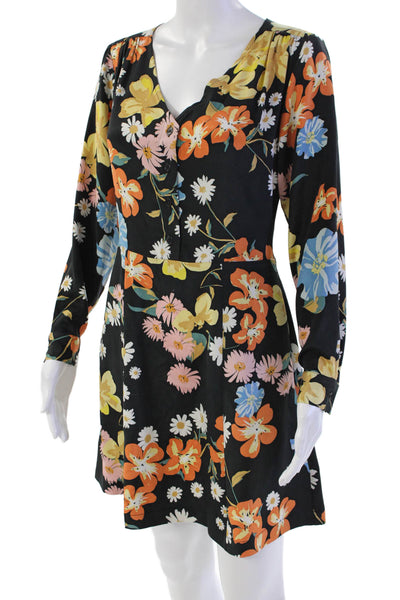 Sea New York Womens Long Sleeve V Neck Silk Floral Dress Black Multi Size 0