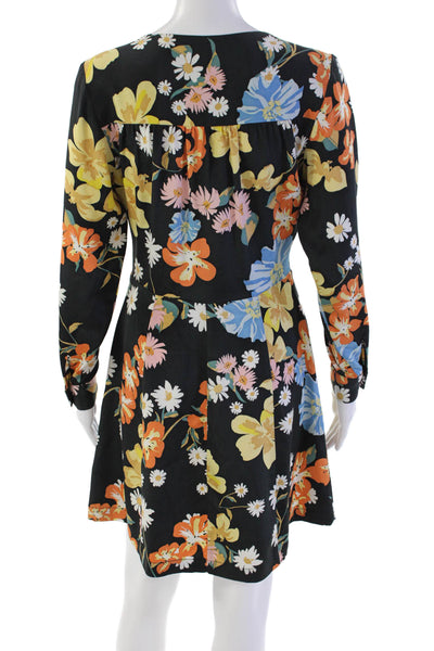Sea New York Womens Long Sleeve V Neck Silk Floral Dress Black Multi Size 0