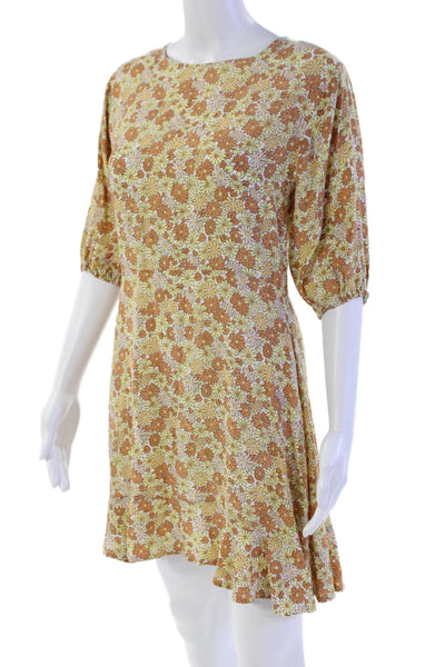 Faithfull The Brand Womens 3/4 Sleeve Floral Mini Dress Brown White Size 4