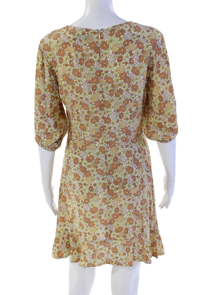 Faithfull The Brand Womens 3/4 Sleeve Floral Mini Dress Brown White Size 4