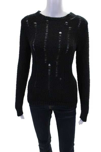 Lilla P Womens Cotton Crew Neck Distressed Knit Sweater Solid Black Size S