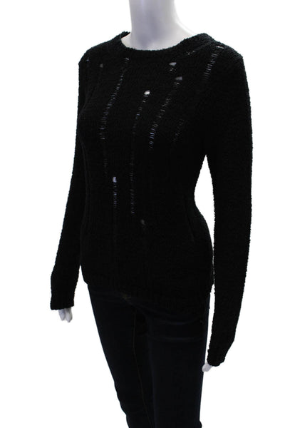 Lilla P Womens Cotton Crew Neck Distressed Knit Sweater Solid Black Size S