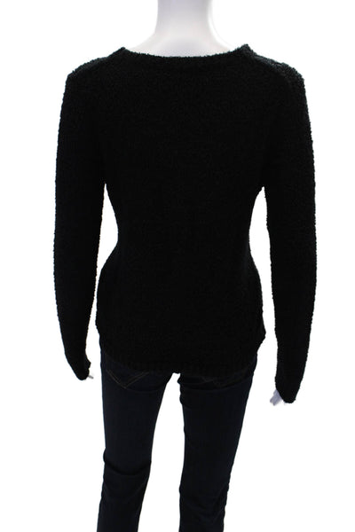 Lilla P Womens Cotton Crew Neck Distressed Knit Sweater Solid Black Size S