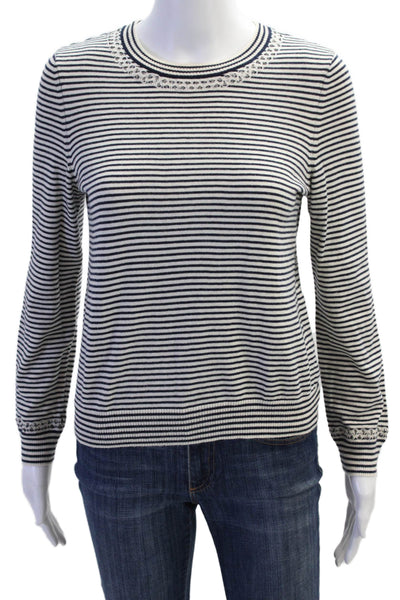 APC Womens Long Sleeve Crew Neck Striped Knit Shirt Navy White Cotton Size Small
