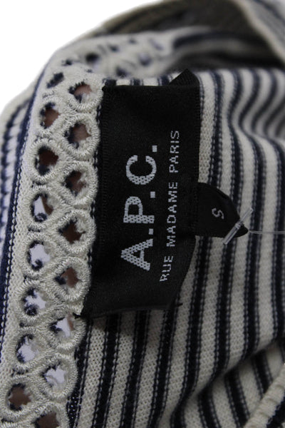APC Womens Long Sleeve Crew Neck Striped Knit Shirt Navy White Cotton Size Small