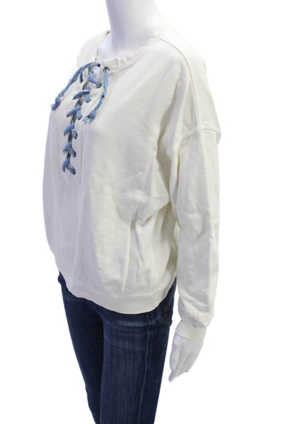 NSF Womens Long Sleeve Lace Up V Neck Boxy Sweatshirt White Cotton Size Petite