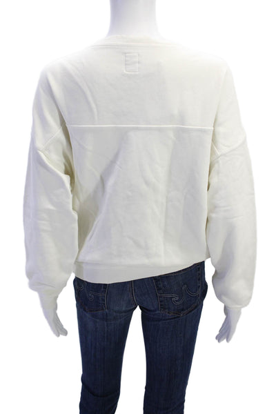 NSF Womens Long Sleeve Lace Up V Neck Boxy Sweatshirt White Cotton Size Petite