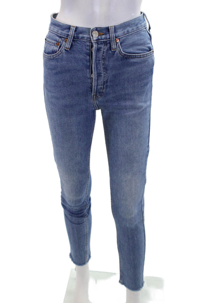 Re/Done Womens Button Fly High Rise Fringe Skinny Jeans Blue Denim Size 25