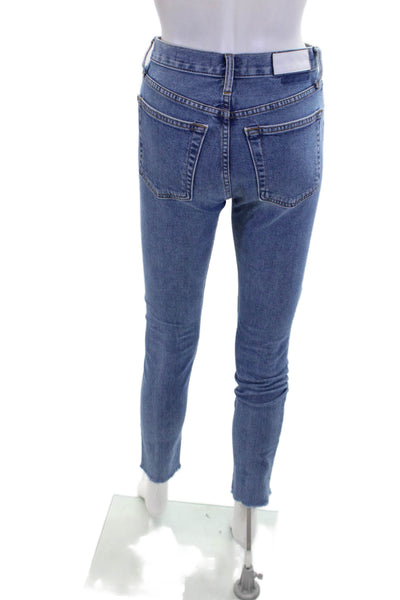 Re/Done Womens Button Fly High Rise Fringe Skinny Jeans Blue Denim Size 25