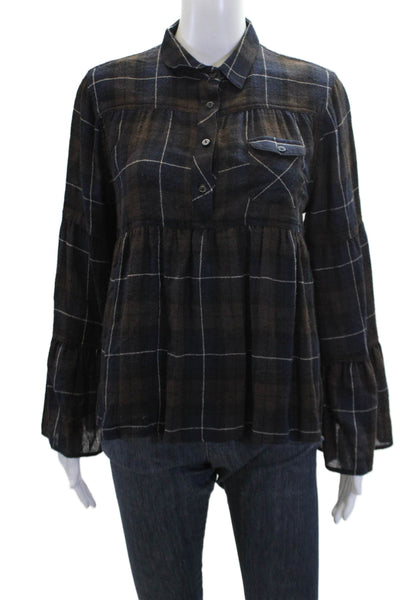 Warm Womens Long Sleeve Collared Plaid Oversized Shirt Navy Brown Size 2