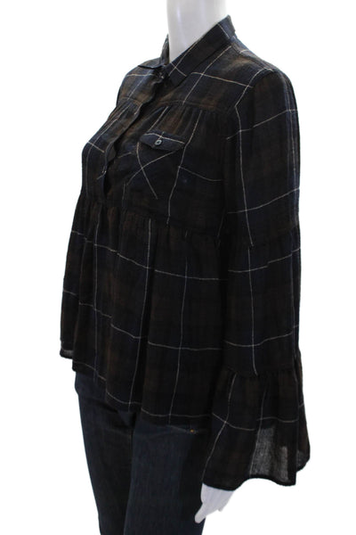 Warm Womens Long Sleeve Collared Plaid Oversized Shirt Navy Brown Size 2