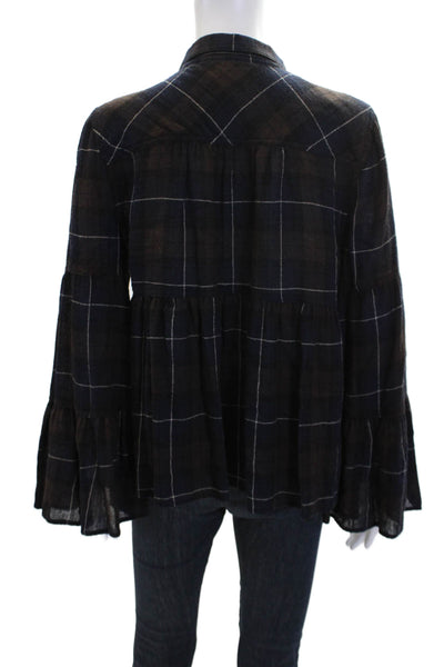 Warm Womens Long Sleeve Collared Plaid Oversized Shirt Navy Brown Size 2