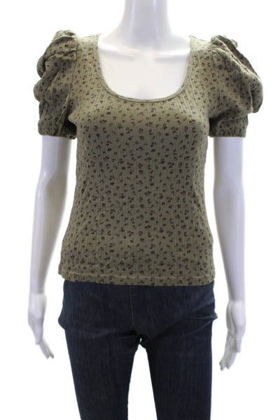 Moussy Womens Puff Sleeve Scoop Neck Floral Ribbed Shirt Green Cotton One Size