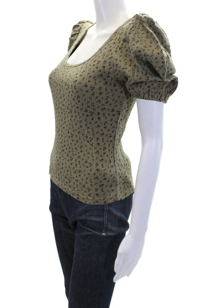 Moussy Womens Puff Sleeve Scoop Neck Floral Ribbed Shirt Green Cotton One Size