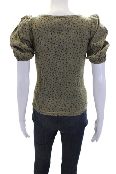 Moussy Womens Puff Sleeve Scoop Neck Floral Ribbed Shirt Green Cotton One Size