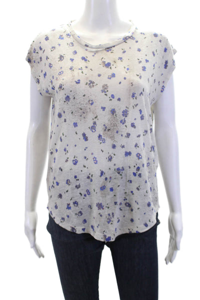 IRO Womens Short Sleeve Crew Neck Floral Shirt Gray Blue Linen Size Extra Small