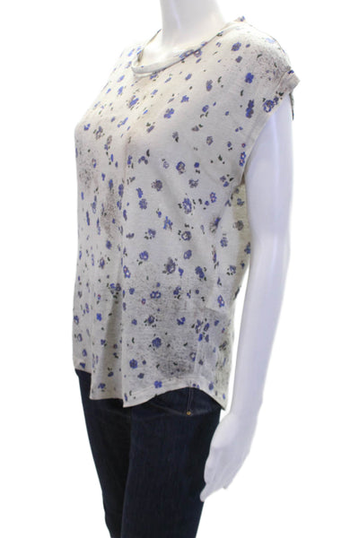 IRO Womens Short Sleeve Crew Neck Floral Shirt Gray Blue Linen Size Extra Small