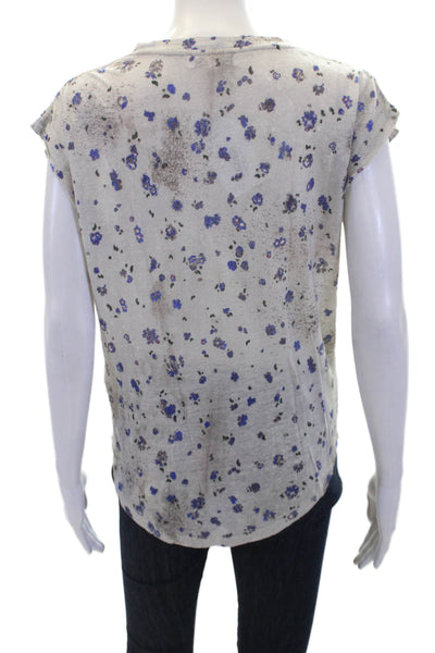 IRO Womens Short Sleeve Crew Neck Floral Shirt Gray Blue Linen Size Extra Small
