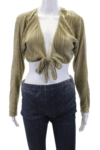 ONIA Womens Ribbed Open Wrap Front Long Sleeve Cropped Top Beige Size XS