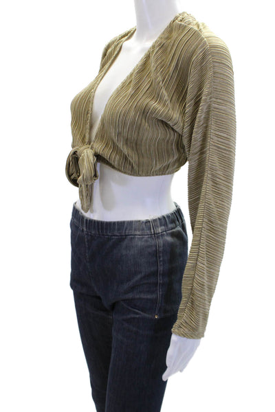 ONIA Womens Ribbed Open Wrap Front Long Sleeve Cropped Top Beige Size XS