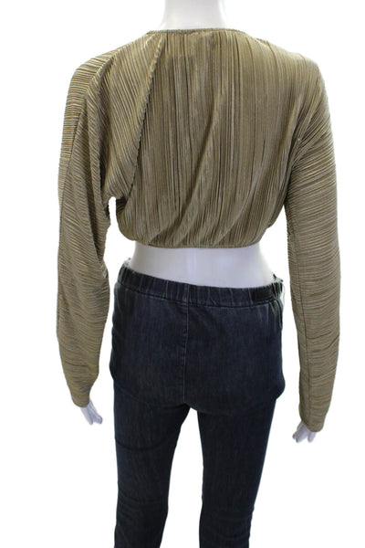 ONIA Womens Ribbed Open Wrap Front Long Sleeve Cropped Top Beige Size XS