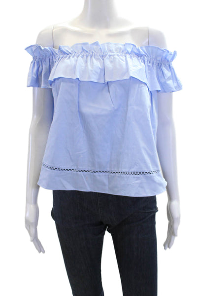 N/Nicholas Womens Cotton Ruffle Neck Sleeveless Blouse Top Blue Size 2