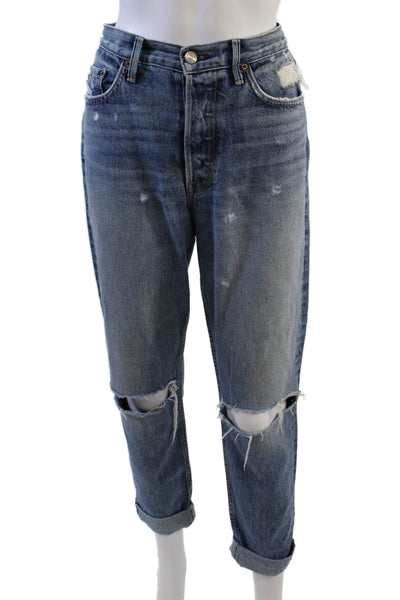 Grlfrnd Women's Midrise Distress Straight Leg Medium Wash Jean Pants Size 28