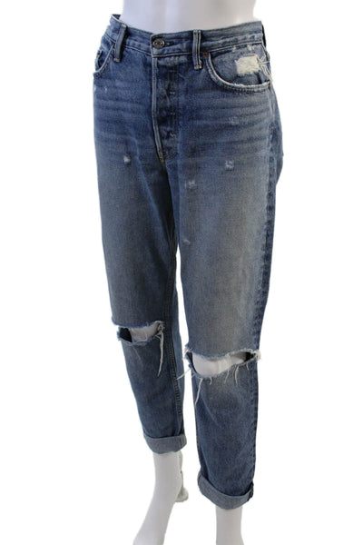 Grlfrnd Women's Midrise Distress Straight Leg Medium Wash Jean Pants Size 28